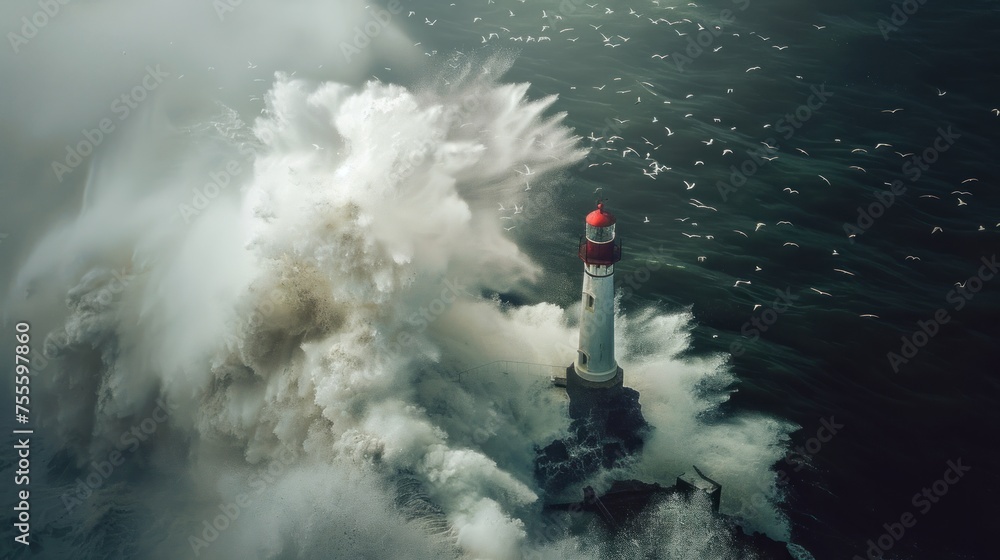 huge sea waves hit the lighthouse