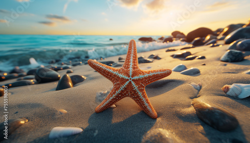 starfish on the sand on the ocean shore. vacation at sea. composition of sea inhabitants.