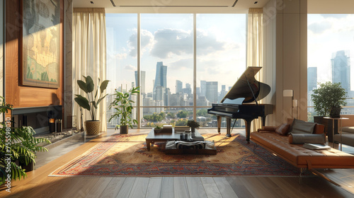 A spacious living room with a fireplace, a grand piano, and a wall of windows overlooking the city skyline.