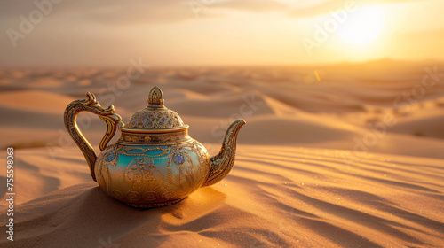 Oriental gold teapot lying on the sand in the