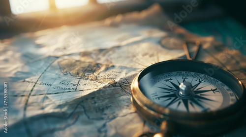 A compass is on top of a map photo