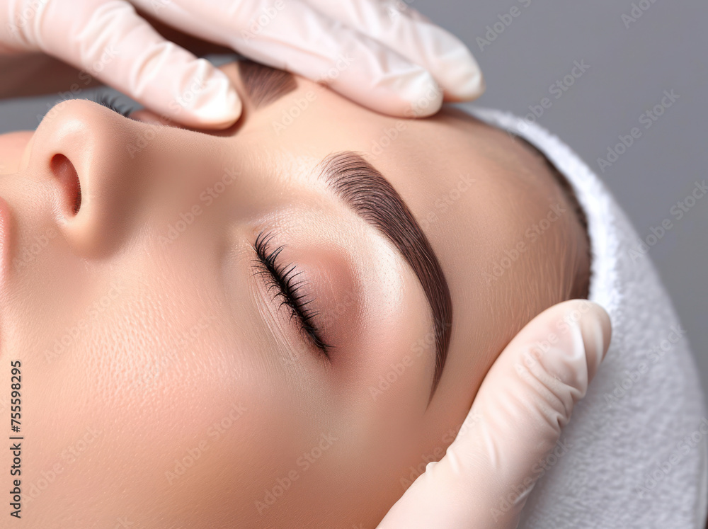 Professional Skin Care Treatment: Closeup Portrait of a Young Woman during Permanent Eyebrow Tattoo Procedure