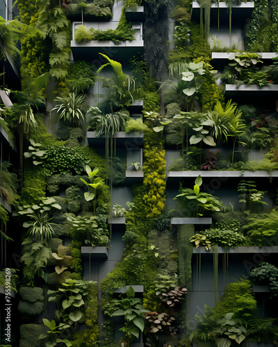 Green leafy plants grow vertically on a wall, creating a lush garden design.