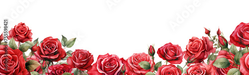 Watercolor frame illustration of red rose and green leaves. Border of beautiful roses. Isolated cutout on transparent background.