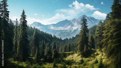 Paysage de forêt dans les montagnes. Nuage, brume, ciel. Horizon, calme. Pour conception et création graphique. photo