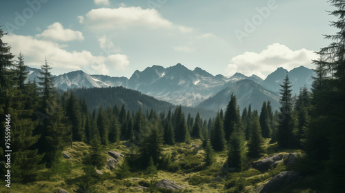 Paysage de forêt dans les montagnes. Nuage, brume, ciel. Horizon, calme. Pour conception et création graphique.