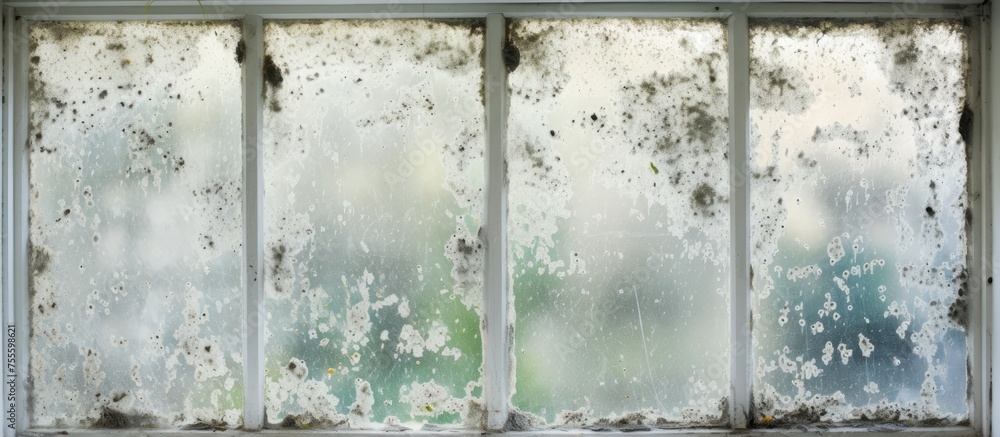Naklejka premium A plastic window frame covered with a large amount of black mold, caused by damp and humid conditions. The mold appears as dark patches on the surface, indicating potential health risks and the need