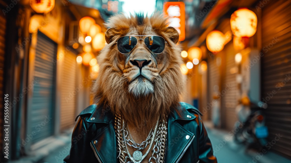A regal lion in a sleek leather jacket, adorned with silver chains and sporting aviator sunglasses. Its backdrop, a dimly lit alley with neon signs, exudes urban coolness. The mood: confident and dari