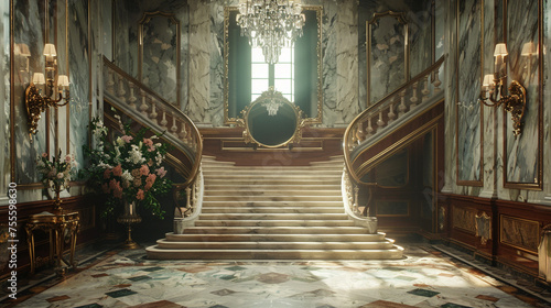 A foyer with a marble staircase, a crystal chandelier, a mirror, and a vase of flowers.