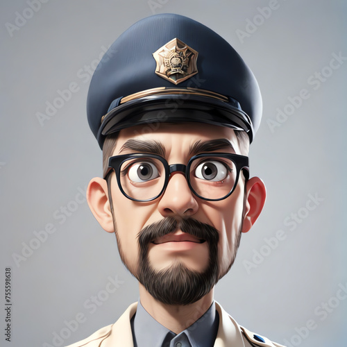 3D illustration close up policeman wearing a police cap and glasses photo