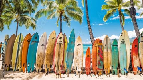 Waikiki beach lined with surfboards, a Hawaiian icon