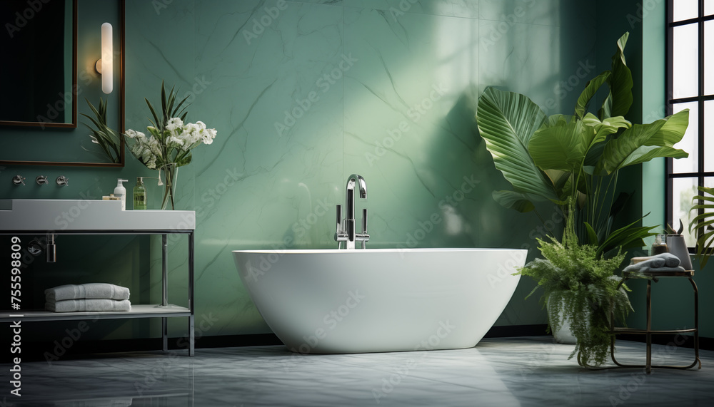 interior of a modern bathroom in green tones. bathroom with bathtub with green wall and marble against the background of a beautiful window. interior of a modern bathroom in green tones. bathroom with bathtub with green wall and marble against the background of a beautiful window.