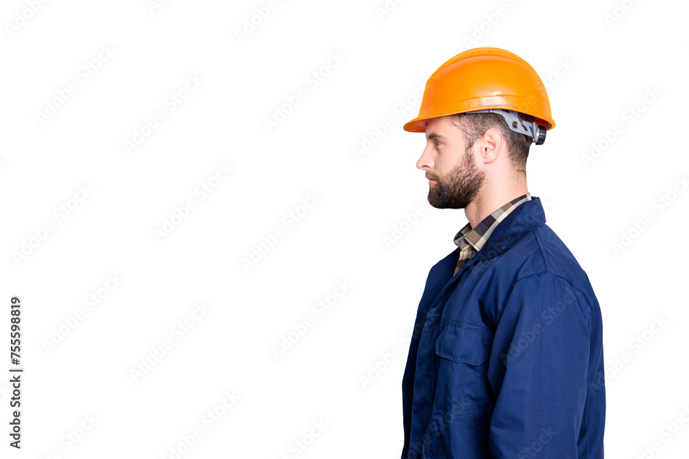 Profile side view portrait with copy space, empty place for advertisement product of virile harsh repairer in blue uniform, standing over grey background Profile side view portrait with copy space, empty place for advertisement product of virile harsh repairer in blue uniform, standing over grey background