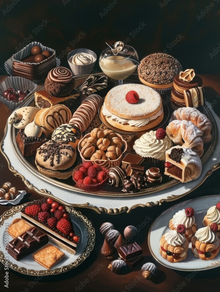 Assorted delicious desserts displayed elegantly on ornate trays, showcasing a variety of colors and textures.