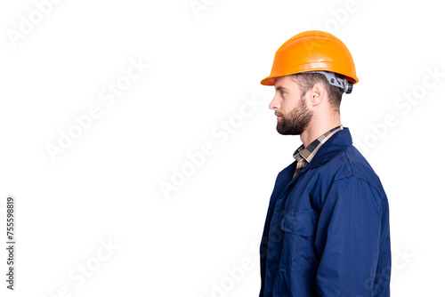 Profile side view portrait with copy space, empty place for advertisement product of virile harsh repairer in blue uniform, standing over grey background