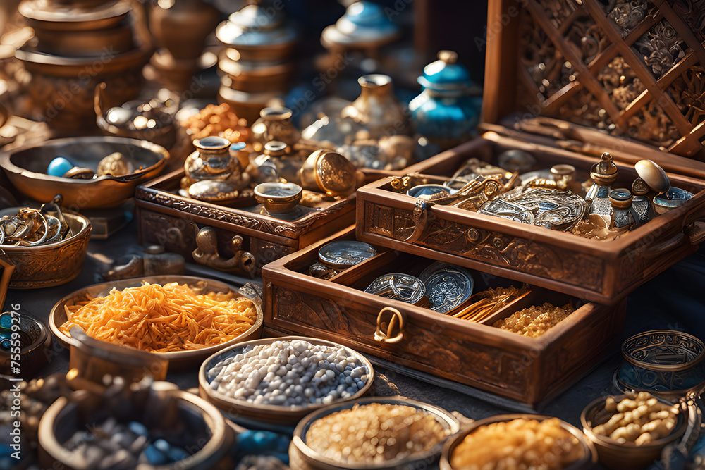 Fototapeta premium Antiques on flea market, vintage cultery and other vintage things. Collectibles memorabilia and garage sale concept. Selective focus