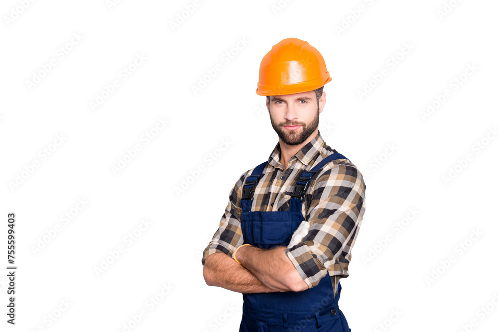 Portrait with copyspace of attractive handsome repairer in shirt and overall looking at camera isolated on grey background, having arms crossed, isolated on grey background Portrait with copyspace of attractive handsome repairer in shirt and overall looking at camera isolated on grey background, having arms crossed, isolated on grey background