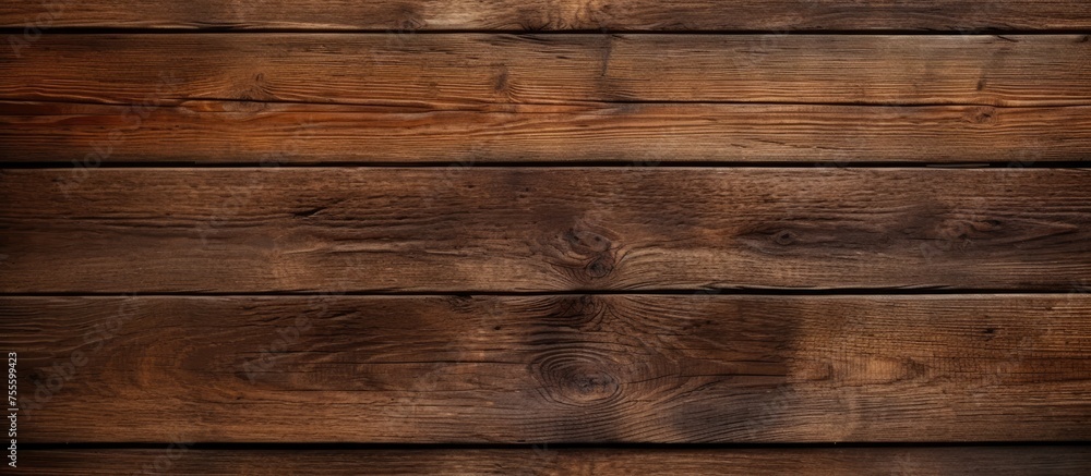 Naklejka premium An old wooden wall with a distinct brown stain stands weathered in a room. The stain adds character and depth to the textured surface of the wood, creating a rustic appearance.