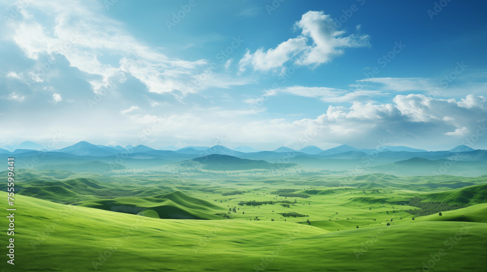 Paysage d'une prairie avec de l'herbe verte, des montagnes en arrière-plan et un beau ciel bleu avec nuages. Fond d'écran, décor, paysage calme. Pour conception et création graphique.