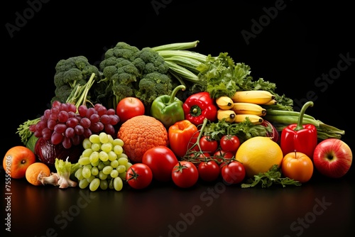 Assorted organic fresh vegetables and healthy food isolated on dark background