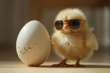 a chic chick with sunglasses, near a speckled egg ,Easter chick motif