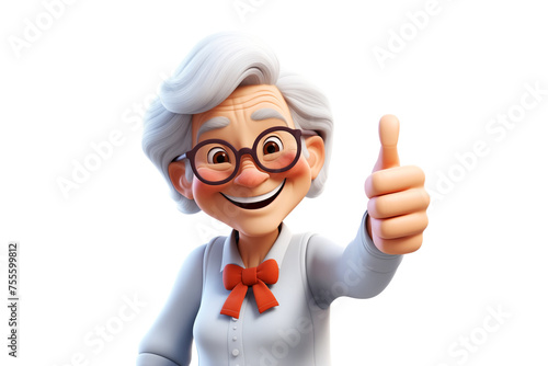 Happy smiling cartoon character old senior mature woman grandmother person showing thumb up gesture in 3d style design on light background. Successful human people with ok like cool finger conce