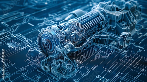 Blueprint of car engine model in blue with detailed another machine AI Image Generative