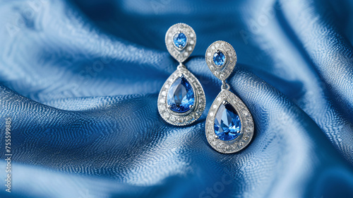 Pair of platinum earring with sapphire on blue.