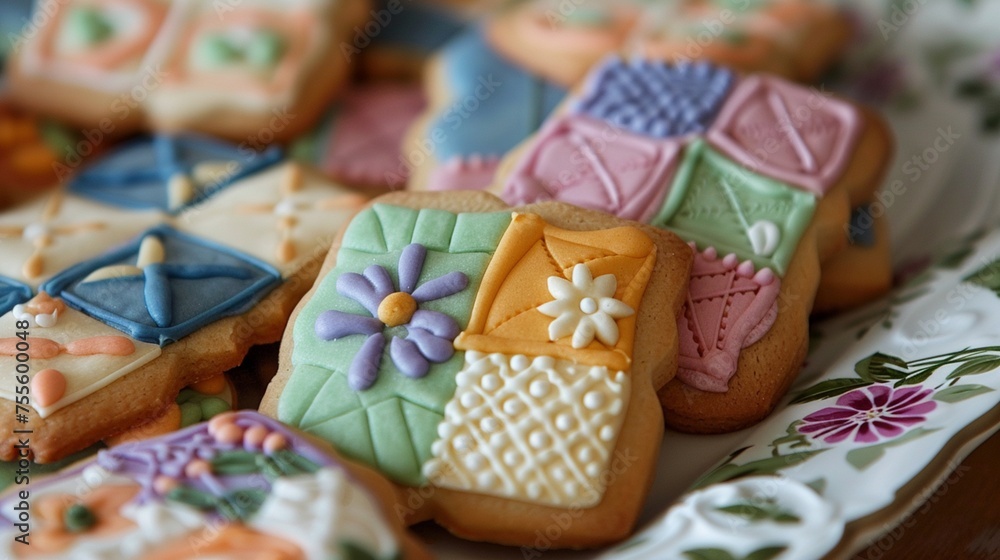 Artful cookies adorned with icing in a vintage quilt pattern.