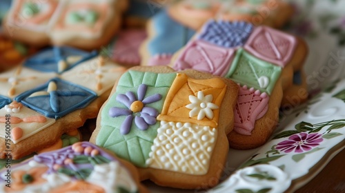 Artful cookies adorned with icing in a vintage quilt pattern.