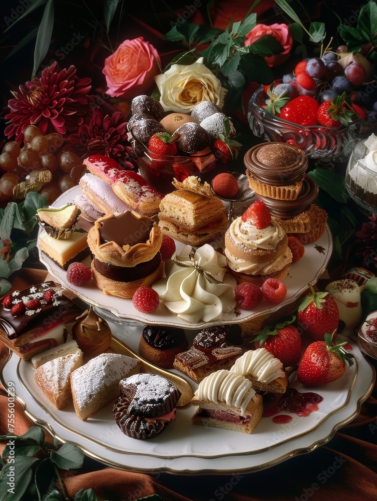 A variety of colorful desserts and fruits are displayed on a table. There are cupcakes, cookies, cake slices, and a bowl of fruit.