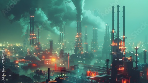 Futuristic Industrial Cityscape at Night A Bustling Oil and Gas Plant in a Teal-Hued Sky