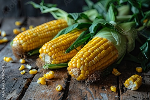 Close up of fresh corn groats and seeds corncobs and leaves on wooden background