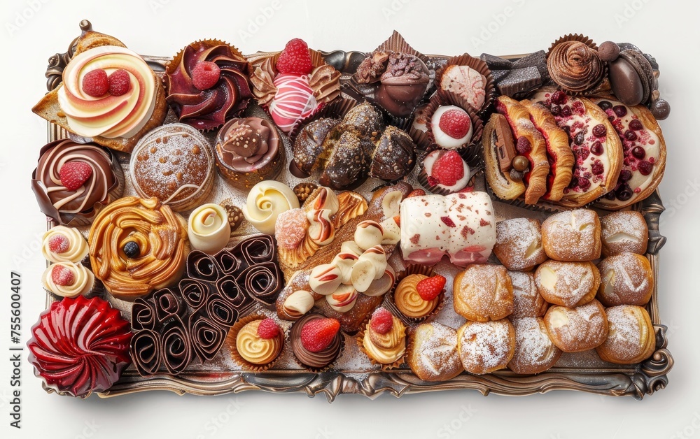 A variety of colorful desserts and fruits are displayed on a table. There are cupcakes, cookies, cake slices, and a bowl of fruit. A variety of colorful desserts and fruits are displayed on a table. There are cupcakes, cookies, cake slices, and a bowl of fruit.