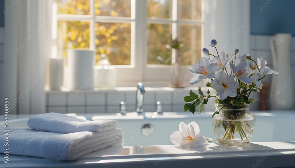 the atmosphere of a pleasant bath, spa treatment at home. towel on a white bathtub in a bright bathroom with beautiful light from the window. the atmosphere of a pleasant bath, spa treatment at home. towel on a white bathtub in a bright bathroom with beautiful light from the window.