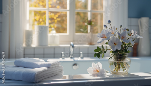 the atmosphere of a pleasant bath  spa treatment at home. towel on a white bathtub in a bright bathroom with beautiful light from the window.