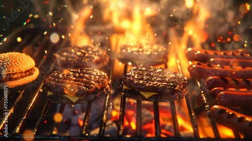 Barbecue grill sizzling with delicious burgers and hot dogs.
