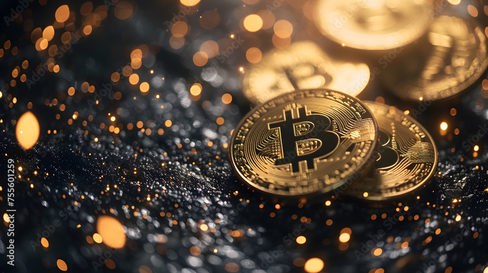 Bitcoin cryptocurrency coin on gold background. Cryptocurrency and finance concept.Glistening Bitcoins Amidst Golden Lights