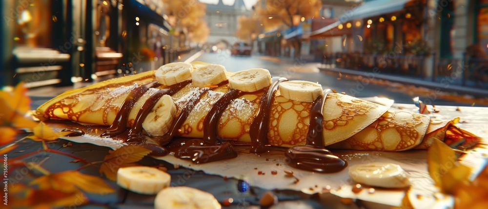 A sweet crepe filled with banana slices, chocolate sauce, and powdered sugar sits on a black plate.
