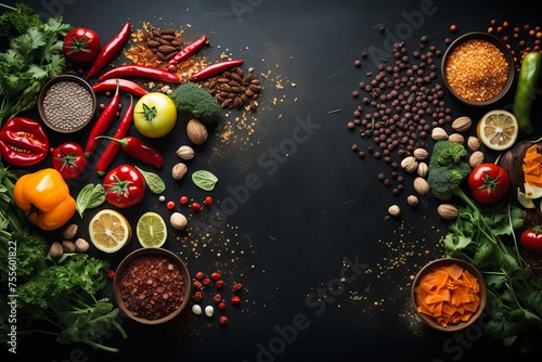 Top view Assortment organic fresh vegetables and healthy food isolated on dark background