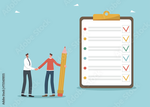 Time management and business scheduling, teamwork for successful completion of tasks and assignments, questioning and voting, follow work schedule, men shake hands near a tablet with completed tasks.