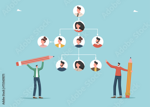 Reorganization or allocate resources, change team structure for efficiency, restructure organization, department and job roles concept, skills to drive company, superiors reorganize employee role.