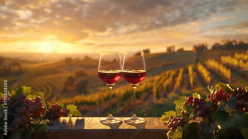 A romantic setting of two crystal wine glasses filled with a smooth red blend, placed on a balcony overlooking a scenic sunset over rolling hills and vineyards.