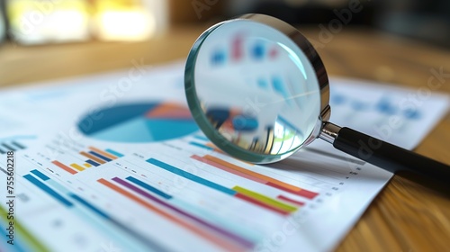 business documents with charts and with magnifying glass