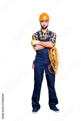 Картината върху платно Full size body portrait of virile brutal electrician with bristle in overall, sh