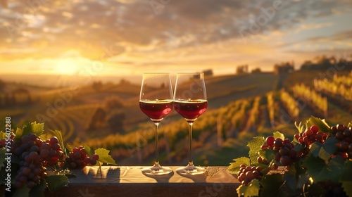 A romantic setting of two crystal wine glasses filled with a smooth red blend, placed on a balcony overlooking a scenic sunset over rolling hills and vineyards.