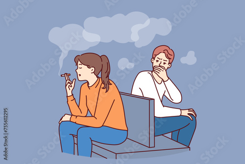Woman smokes sitting in public place and causes inconvenience to man, making him passive smoker. Problem of passive smoking for city residents, due to lack of responsibility among smokers