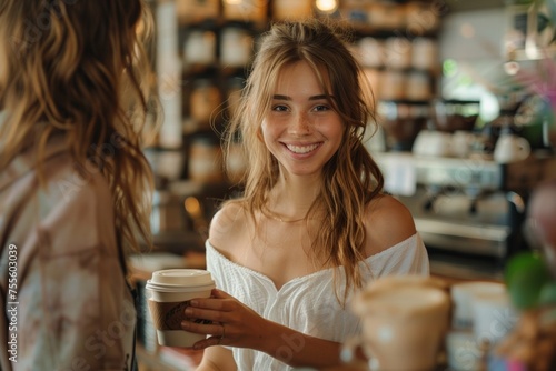 Charming young barista hands coffee to a visitor. A cute girl in a white linen shirt hands coffee to a client in a coffee shop. A smile on the girl's face.