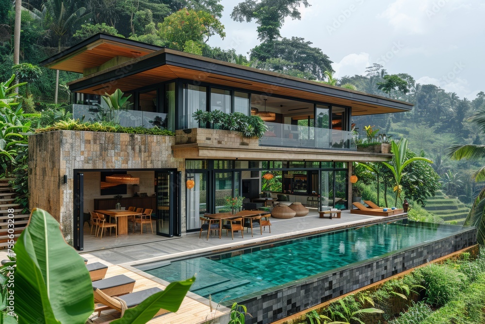 Concept of a modern Balinese glass villa with a swimming pool. View from a distance from above. Against the backdrop of rice terraces. Concept of a modern Balinese glass villa with a swimming pool. View from a distance from above. Against the backdrop of rice terraces.