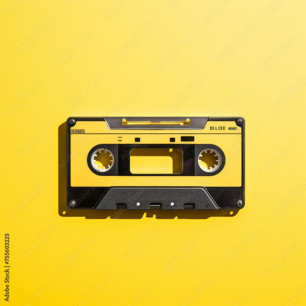 Fototapeta premium Cassette on yellow background. Music concept for websites, blog, social media.